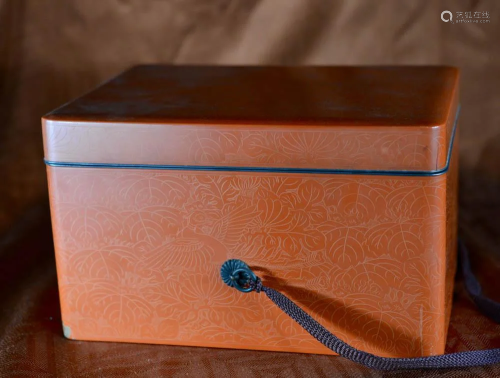 Japanese Orange Lacquer Box with Incised Bird…