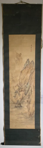 Japanese Scroll Painting on Silk - Fisherman and Old