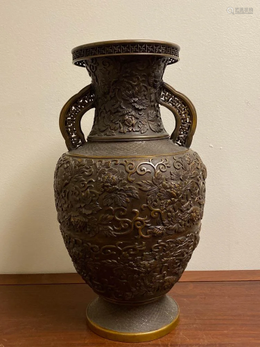 Japanese Meiji Bronze Vase with Floral DÃ©cor