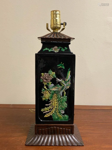 Chinese Famille Noir Square Porcelain Vase Lamp