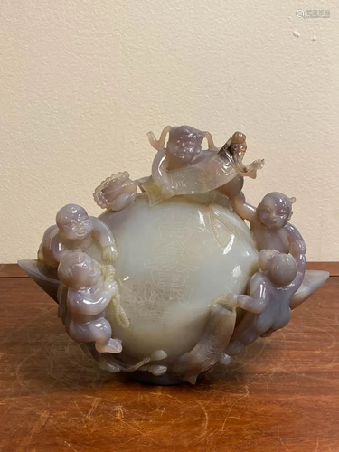 Chinese Agate Carving of Boys with Gold Nugget