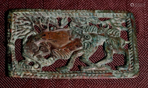 Antique Chinese Ordos Bronze Plaque of Pair Ram