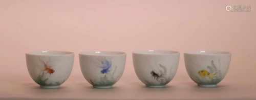 Four Chinese Porcelain Cups with Goldfish