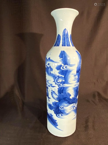 Tall Chinese Blue White Porcelain Vase - Warriors