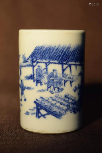 Chinese Blue White Porcelain Brushpot with Scholar