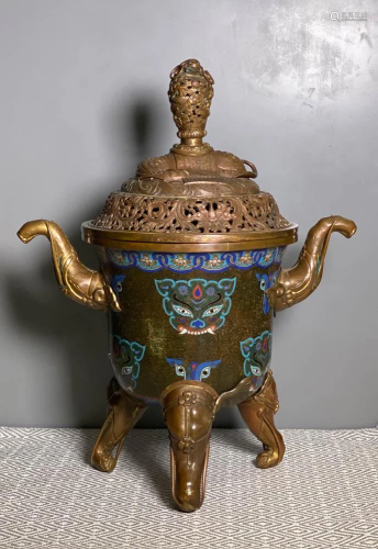 Chinese Cloisonne Censer with Elephane Ear