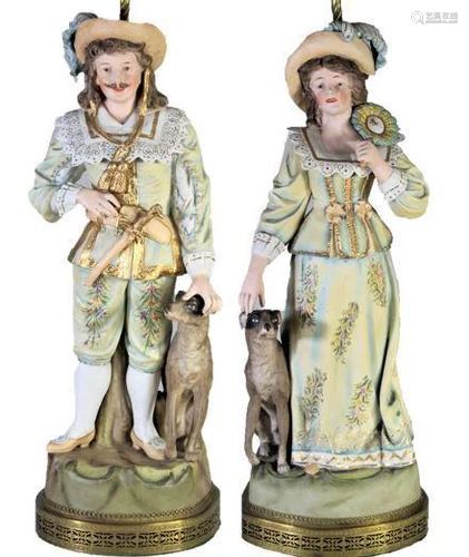 Pair Antique/Early 20th C Bisque Figurine Lamps