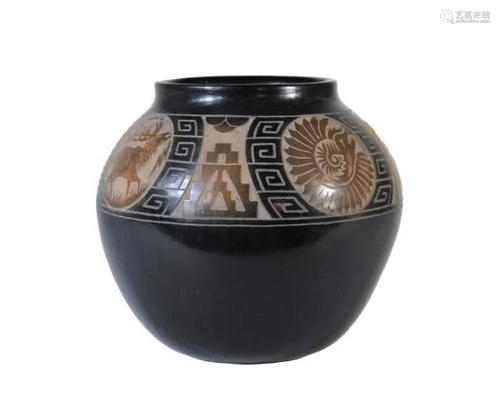 Native American Blackware & Tan Pottery Jar