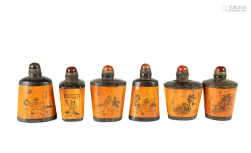 (6) Chinese Wood & Bone Etched Snuff Bottles