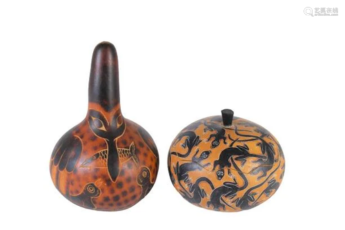 Pair of Peruvian Hand Painted and Carved Gourds