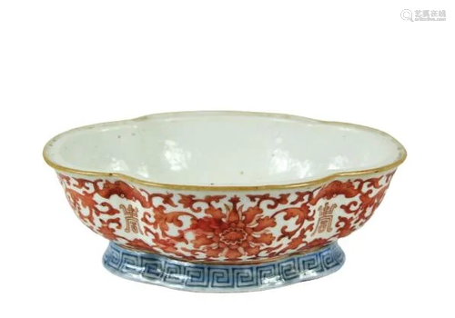 Chinese Porcelain Iron Red Lotus Flower & Bat Bowl