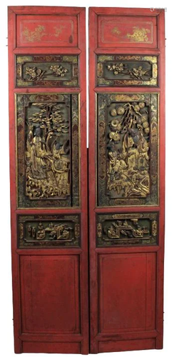 Pair of Oriental Red & Gilt Carved Wooden Panels