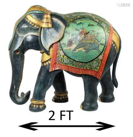 Indian Carved Wooden Polychrome Elephant Sculpture