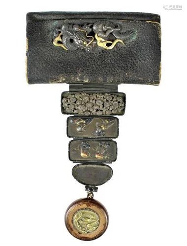 19th C. Meiji Bronze/Leather Japanese Pouch