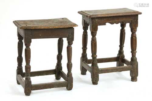 Two carved oak joined stools,