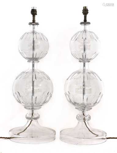 A pair of large glass table lamps,