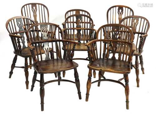 An harlequin set of eight ash and elm Windsor chairs,