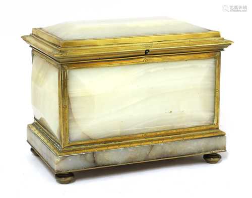 An engraved brass-mounted alabaster casket,