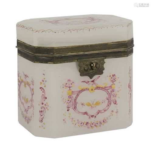 A Danish white opaline glass and painted sugar casket,