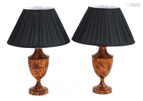 A pair of faux tortoiseshell toleware vase-shaped lamps and shades,