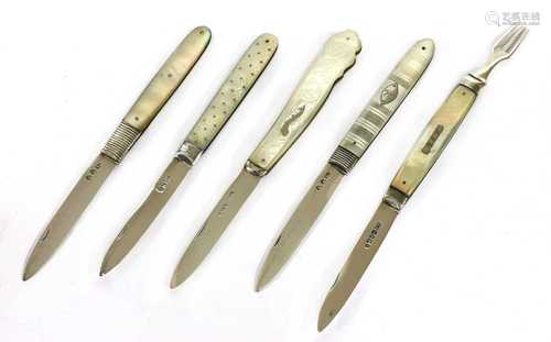 Five silver and mother-of-pearl folding fruit knives,