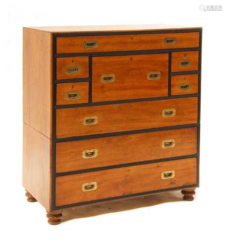 A camphor and ebony secretaire campaign chest of drawers