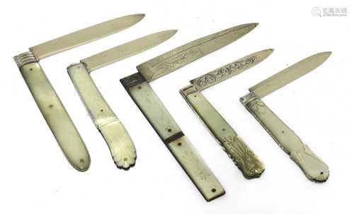 Five silver and mother-of-pearl folding fruit knives,