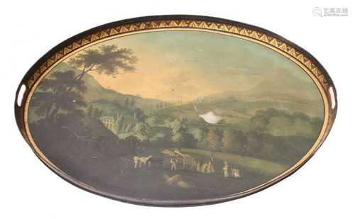 A Regency toleware painted galleried tray,