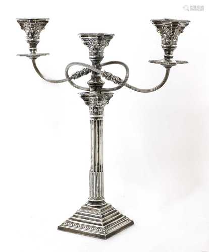 A George V silver three-light Corinthian column candelabrum