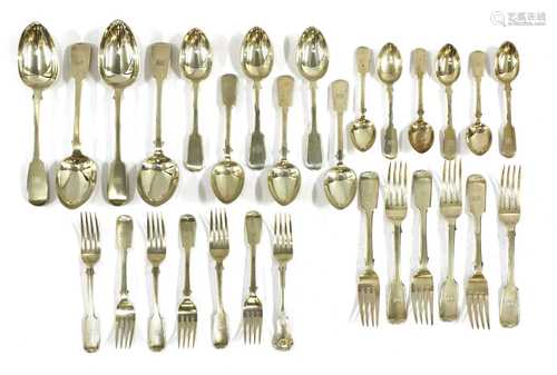 A part set of silver fiddle pattern cutlery,