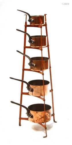 A graduated set of five copper pans,