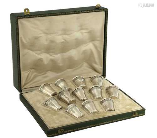 A cased set of twelve French 950 standard silver vodka or liqueur cups,