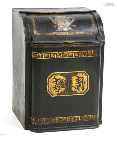 A large painted and parcel gilt toleware shop display tea canister or bin,