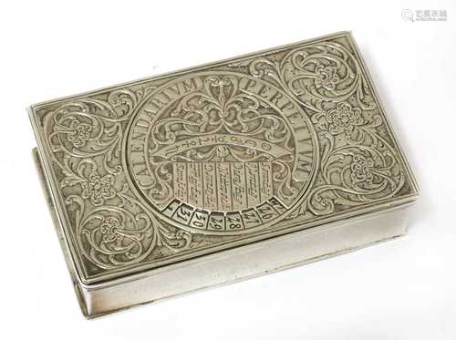 A German silver perpetual calendar snuff box,