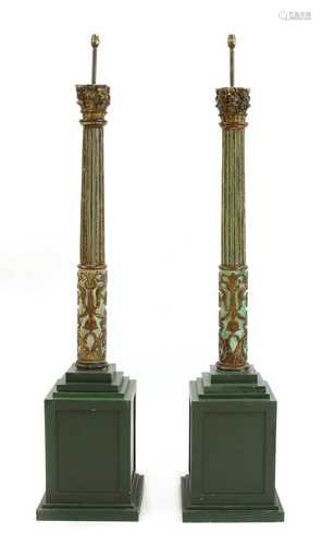 A pair of carved and painted wood columnar floor lamps,