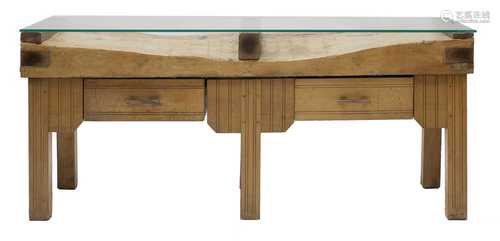 A large French laminated beech butcher's block table,