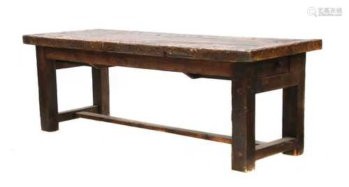 A large industrial, stained pine, workbench side table,