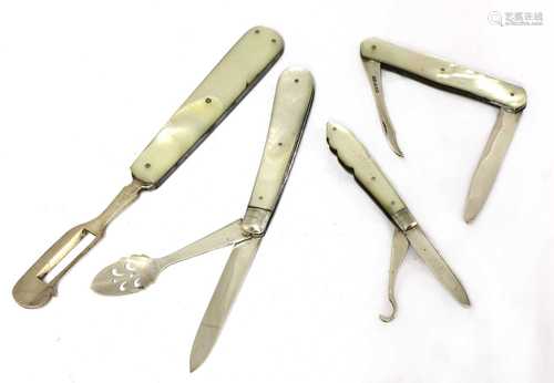 Three silver and mother-of-pearl combination folding fruit knives,