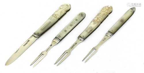 Three silver and mother-of-pearl folding fruit forks and a knife,