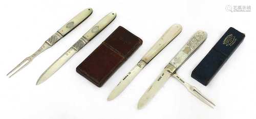 Four silver and mother-of-pearl folding fruit knives and forks,