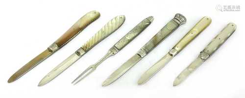 Five silver and mother-of-pearl folding fruit knives and a fork,