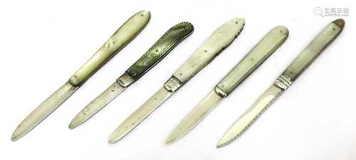 Five silver and mother-of-pearl folding fruit knives,