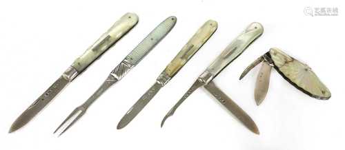 Five silver and mother-of-pearl folding fruit knives and a fork,