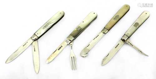 Four silver and mother-of-pearl folding fruit knives,