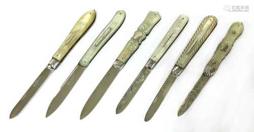 Six silver and mother-of-pearl folding fruit knives,