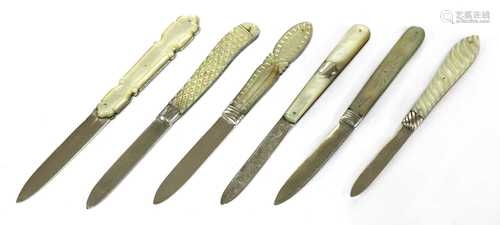 Six silver and mother-of-pearl folding fruit knives,