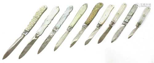 Nine silver and mother-of-pearl folding fruit knives,