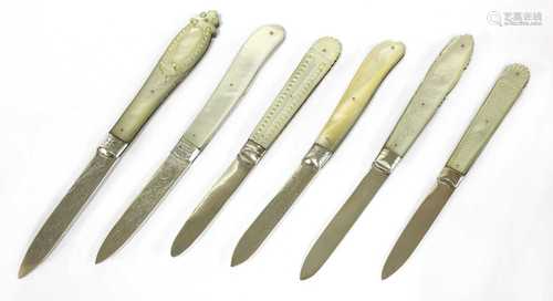 Six silver and mother-of-pearl folding fruit knives,