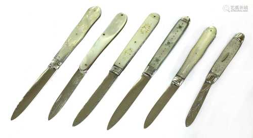 Six silver and mother-of-pearl folding fruit knives,