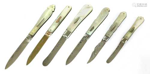 Six silver and mother-of-pearl folding fruit knives,